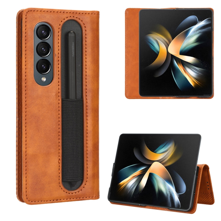 

For Samsung Galaxy Z Fold4 5G Magnetic Buckle Retro Texture Leather Phone Case(Brown)