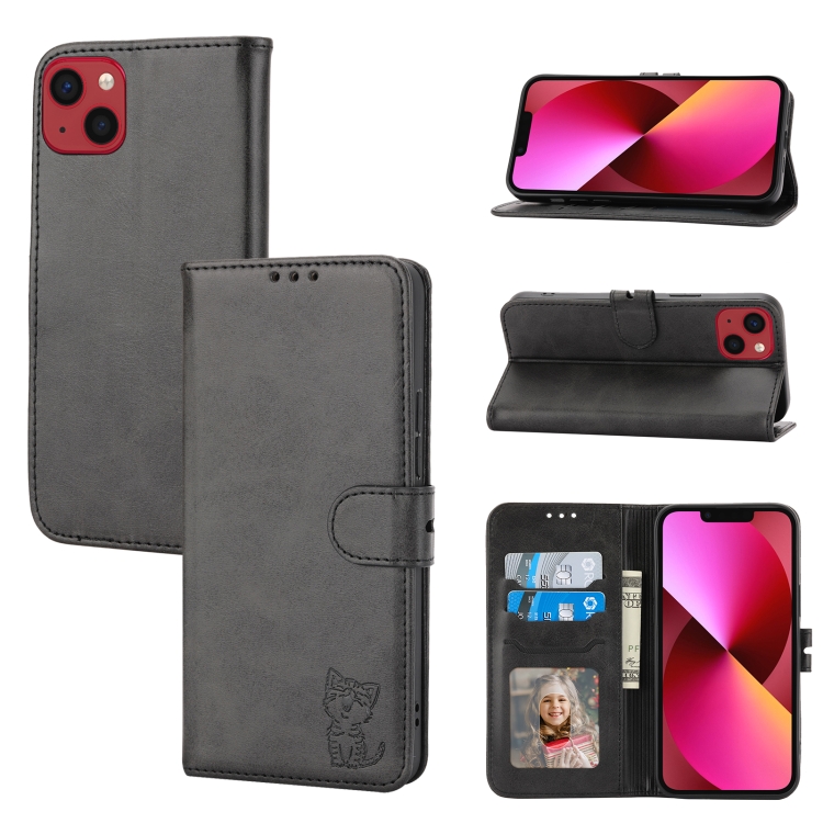 

Embossed Happy Cat Pattern Flip Leather Phone Case For iPhone 14 Plus(Black)