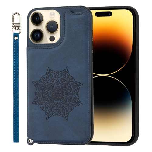 

Mandala Embossed Card Slots PU+TPU Phone Case For iPhone 14 Pro Max(Blue)