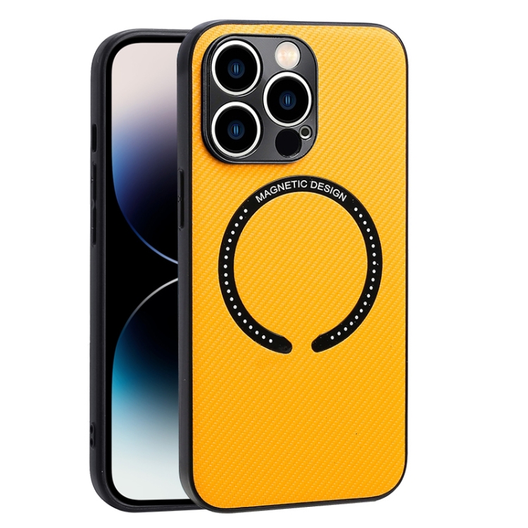 

For iPhone 14 Pro MagSafe Magnetic Carbon Fiber Texture Phone Case(Yellow)