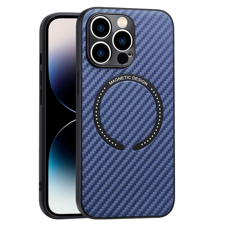 

For iPhone 14 Pro Max MagSafe Magnetic Carbon Fiber Texture Phone Case (Blue)