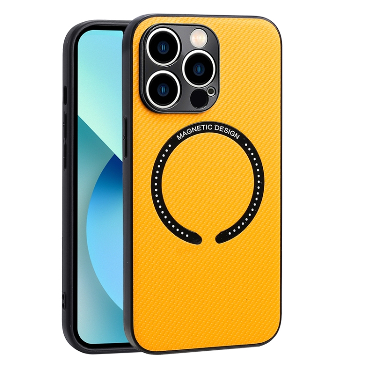 

For iPhone 13 Pro Max MagSafe Magnetic Carbon Fiber Texture Phone Case (Yellow)