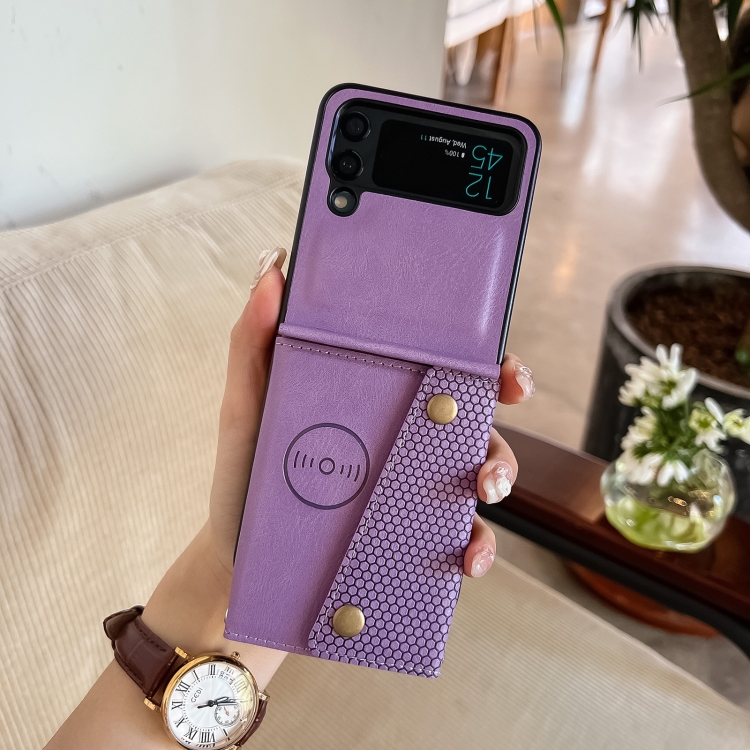 

For Samsung Galaxy Z Flip4 Double Buckle Card Slots PU+TPU Phone Case(Purple)