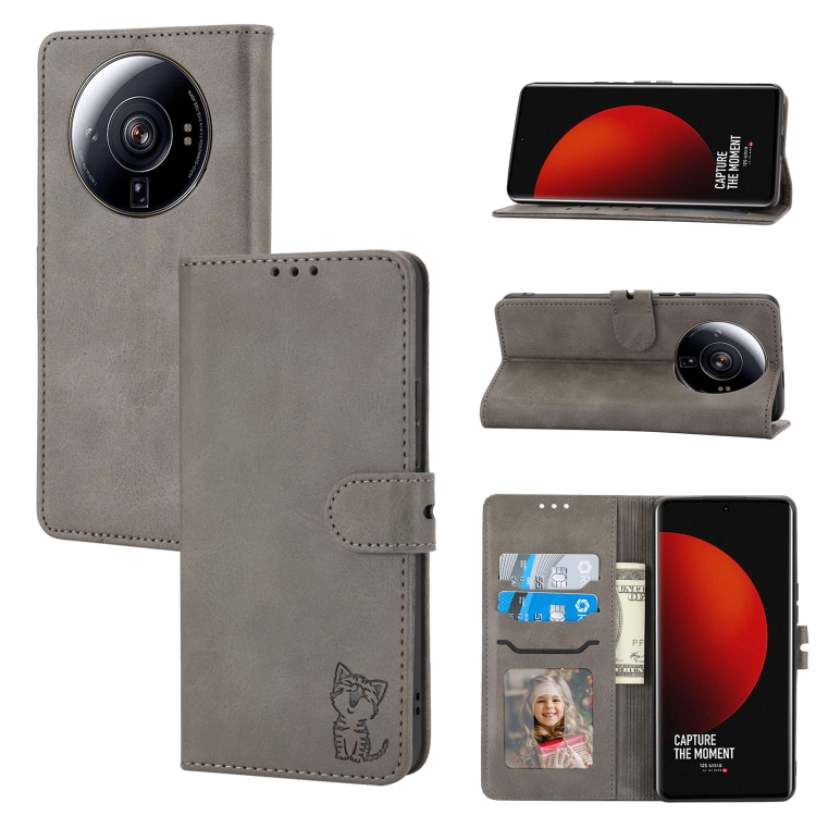 

For Xiaomi 12S Ultra Embossed Happy Cat Pattern Flip Leather Phone Case(Grey)