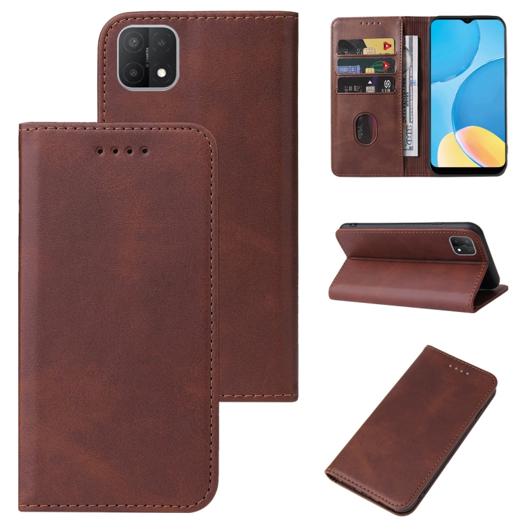 

For OPPO A15s Magnetic Closure Leather Phone Case(Brown)