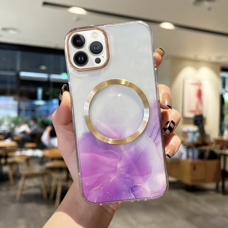 

For iPhone 13 Pro Max Marble MagSafe Clear Phone Case (Purple)