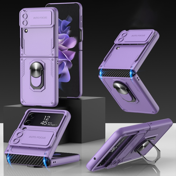 

For Samsung Galaxy Z Flip4 GKK Carbon Brazing Pattern Shockproof Armor PC Phone Case with Ring Holder(Purple)