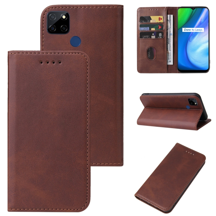 

For Realme Q2i Magnetic Closure Leather Phone Case(Brown)