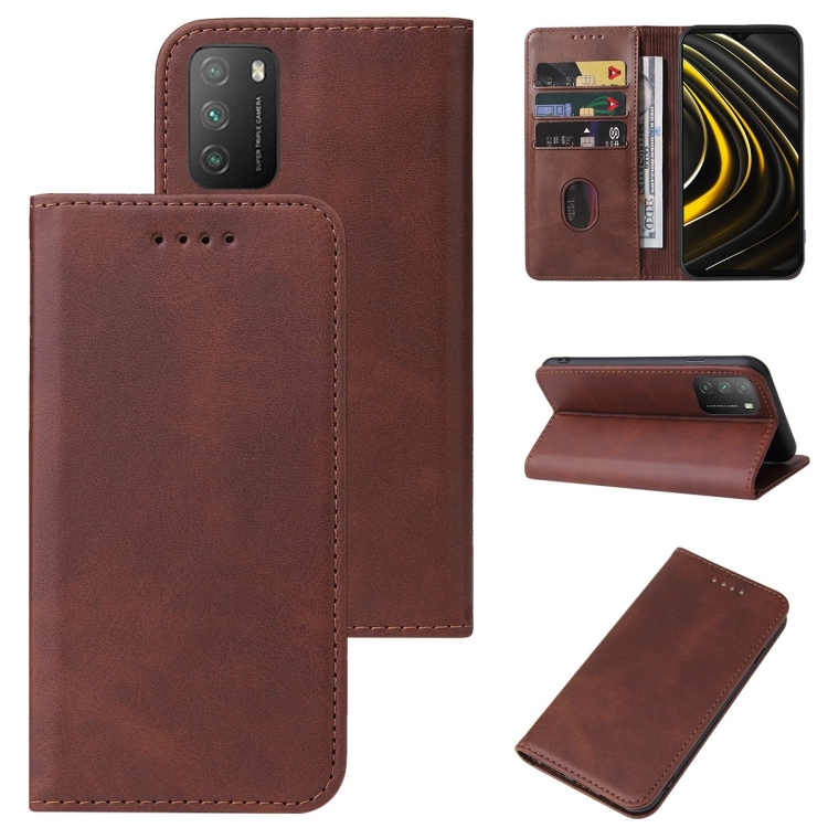 

For Xiaomi Poco M3 Magnetic Closure Leather Phone Case(Brown)