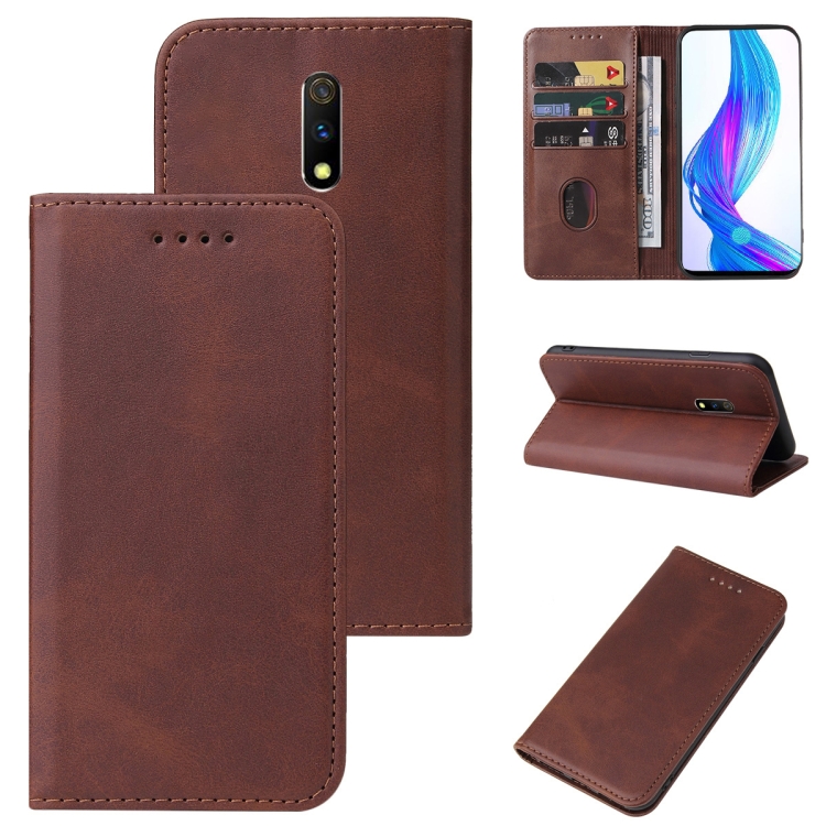 

For Realme X Magnetic Closure Leather Phone Case(Brown)