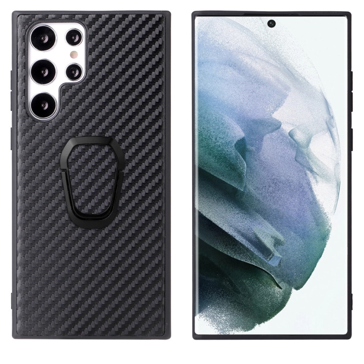 

For Samsung Galaxy S22 Ultra 5G Leather Back Phone Case with Holder(Black Carbon Fiber Texture)