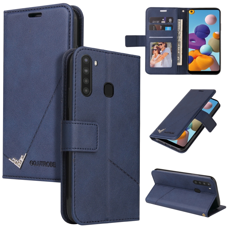 

For Samsung Galaxy A21 GQUTROBE Right Angle Leather Phone Case(Blue)