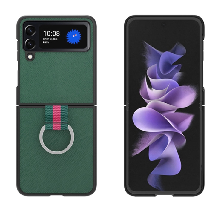

For Samsung Galaxy Z Flip3 5G Cross Texture Shockproof Protective Phone Case with Lanyard(Green)