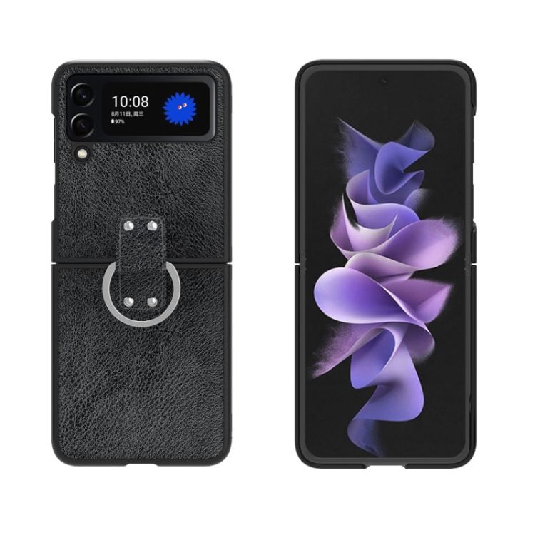 

For Samsung Galaxy Z Flip4 Buckle Leather Shockproof Protective Phone Case with Lanyard(Black)