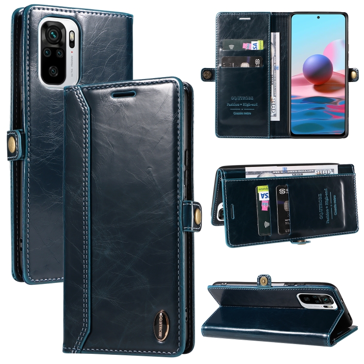 

For Xiaomi Redmi Note 10 4G GQUTROBE RFID Blocking Oil Wax Leather Phone Case(Blue)