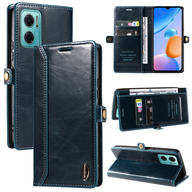 

For Xiaomi Redmi 10 5G GQUTROBE RFID Blocking Oil Wax Leather Phone Case(Blue)