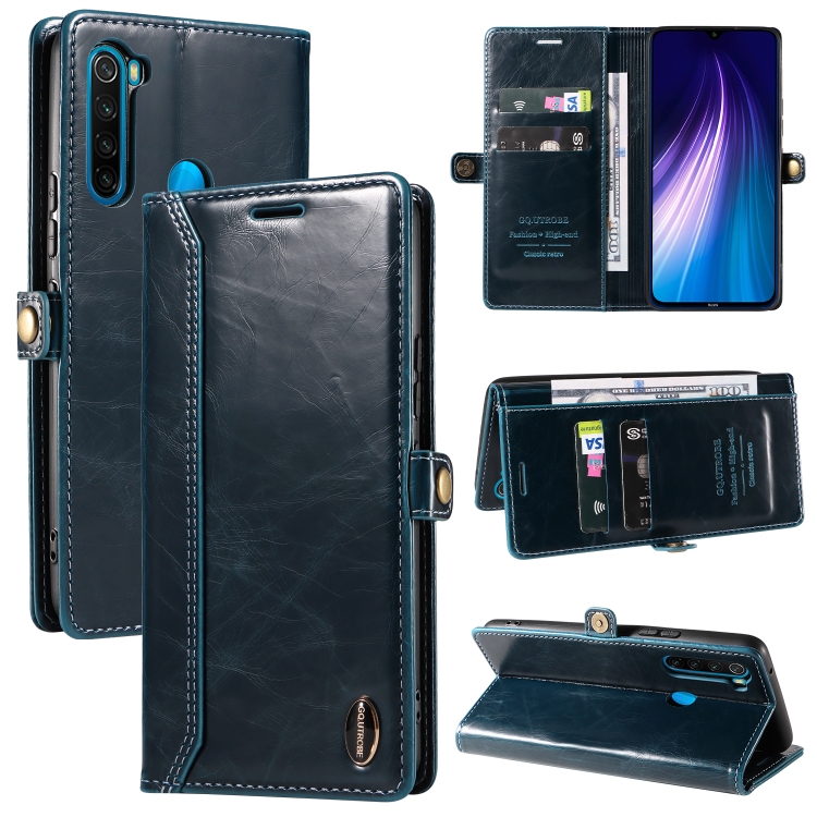 

For Xiaomi Redmi Note 8 GQUTROBE RFID Blocking Oil Wax Leather Phone Case(Blue)