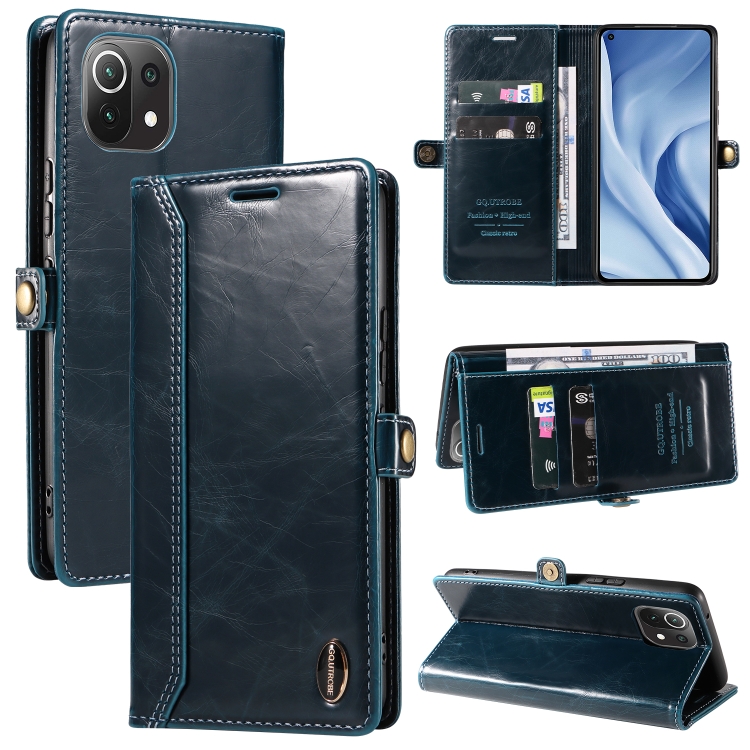 

For Xiaomi Mi 11 Lite GQUTROBE RFID Blocking Oil Wax Leather Phone Case(Blue)