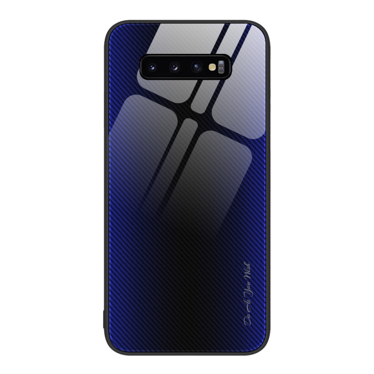 

For Samsung Galaxy S10+ Texture Gradient Glass TPU Phone Case(Dark Blue)