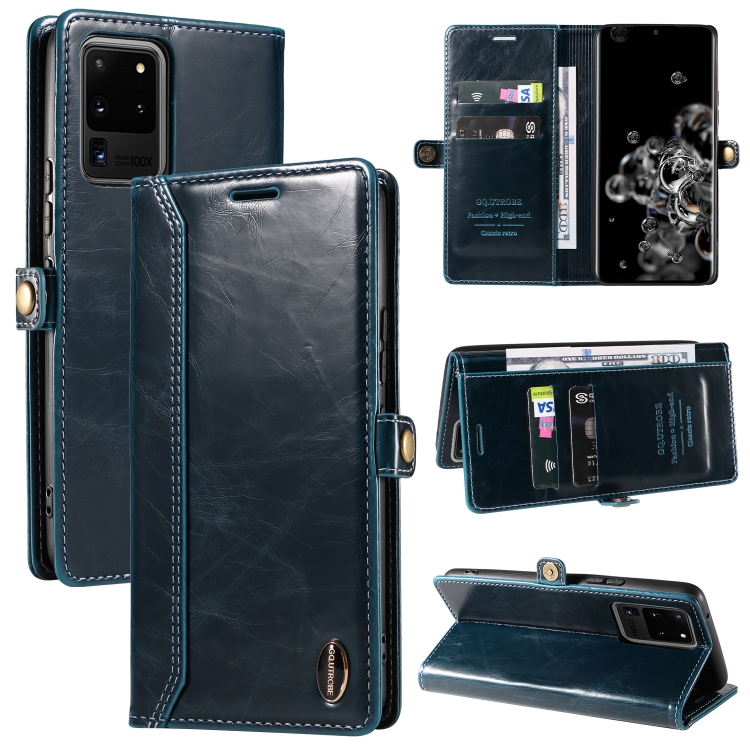 

For Samsung Galaxy S20 Ultra GQUTROBE RFID Blocking Oil Wax Leather Phone Case(Blue)
