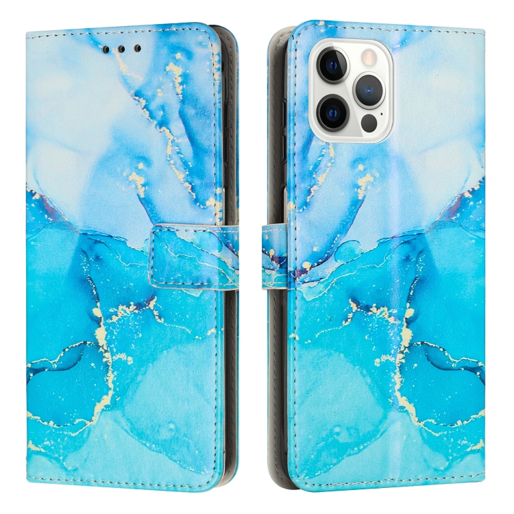 

Painted Marble Pattern Leather Phone Case For iPhone 14 Pro(Blue Green)