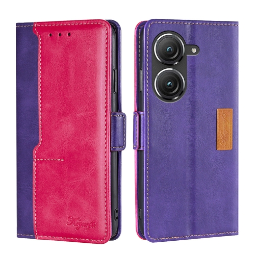 

For Asus Zenfone 9 Contrast Color Side Buckle Leather Phone Case(Purple + Rose Red)
