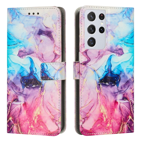 

For Samsung Galaxy S21 Ultra 5G Painted Marble Pattern Leather Phone Case(Pink Purple)