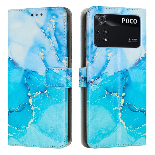 

For Xiaomi Poco M4 Pro 4G Painted Marble Pattern Leather Phone Case(Blue Green)