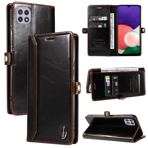 

For Samsung Galaxy A22 5G GQUTROBE RFID Blocking Oil Wax Leather Phone Case(Brown)