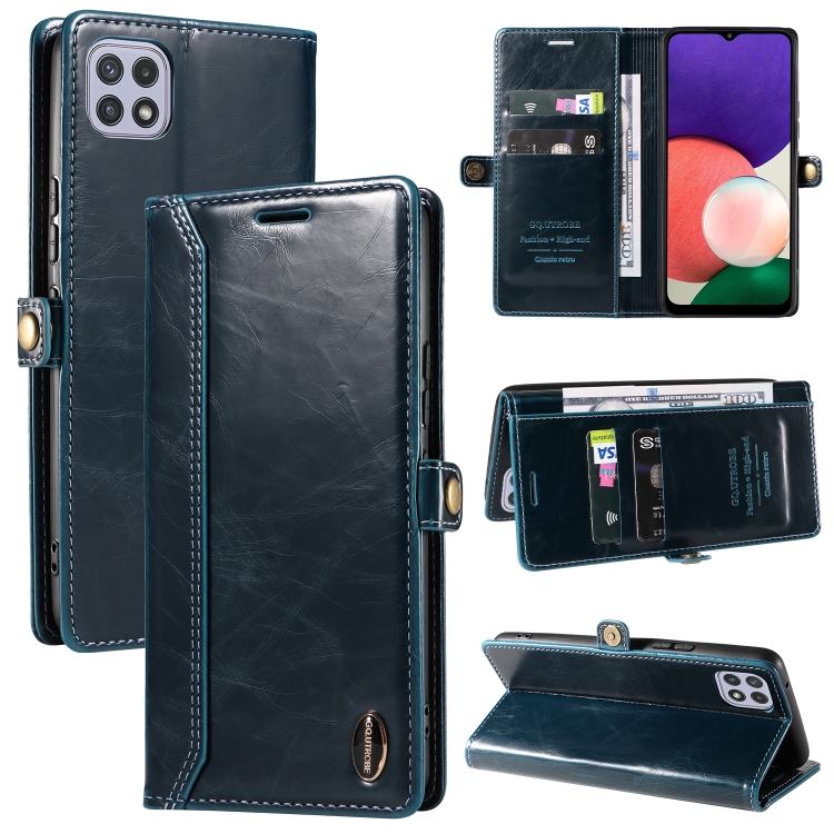 

For Samsung Galaxy A22 5G GQUTROBE RFID Blocking Oil Wax Leather Phone Case(Blue)