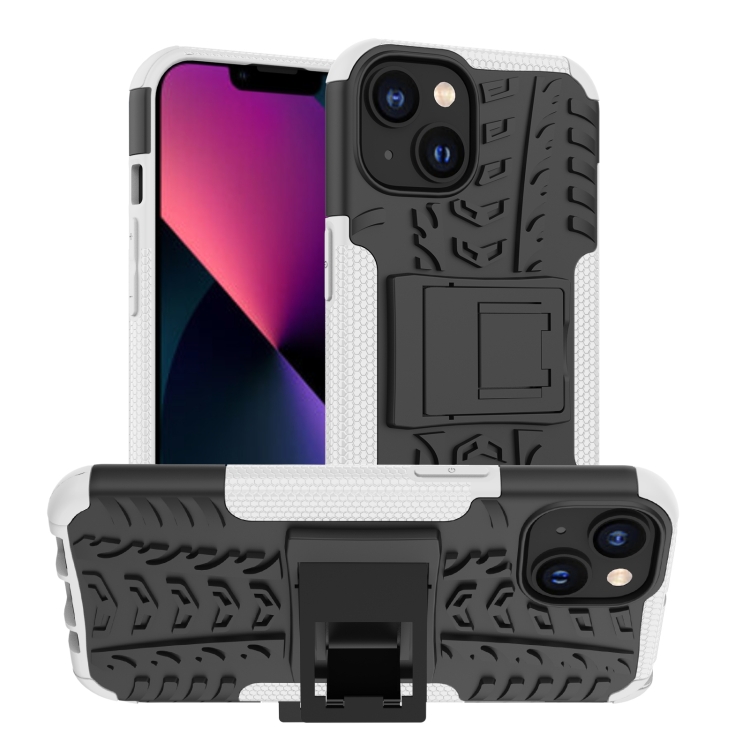 

For iPhone 14 Tire Texture TPU + PC Phone Case with Holder (White)