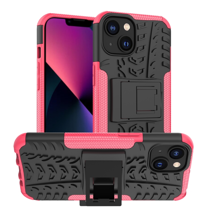 

For iPhone 14 Plus Tire Texture TPU + PC Phone Case with Holder (Pink)