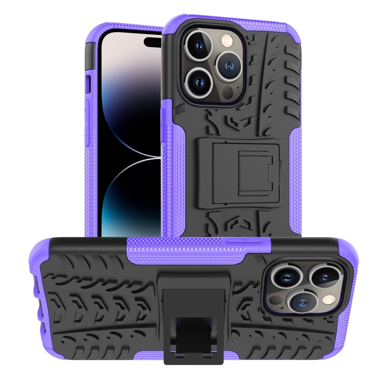

For iPhone 14 Pro Tire Texture TPU + PC Phone Case with Holder(Purple)