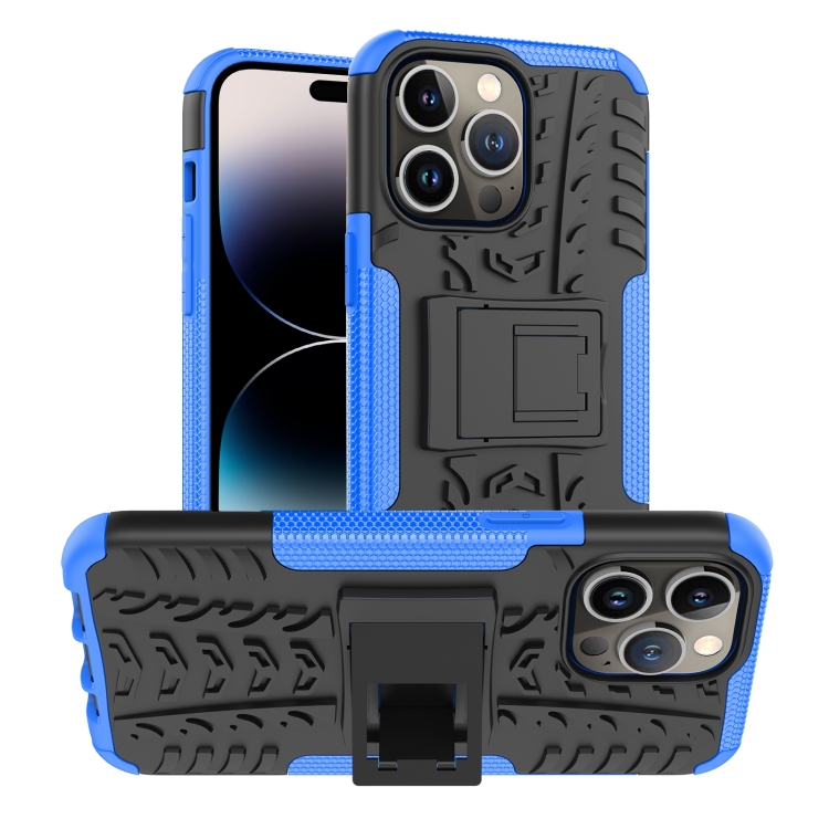 

For iPhone 14 Pro Max Tire Texture TPU + PC Phone Case with Holder (Blue)