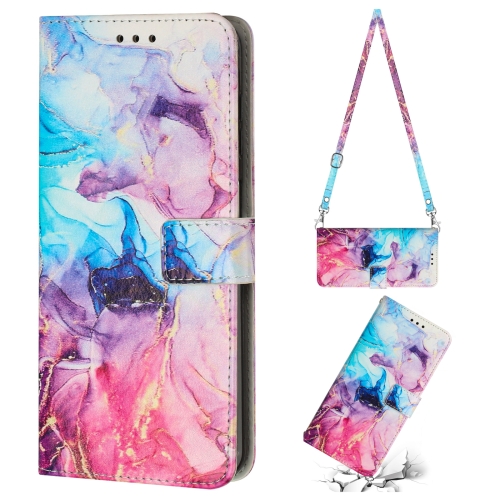 For iPhone 14 Plus Crossbody Painted Marble Pattern Leather Phone Case (Pink Purple)