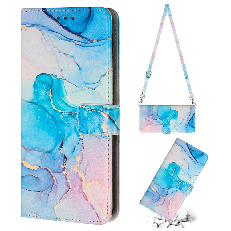 

For Samsung Galaxy A12 Crossbody Painted Marble Pattern Leather Phone Case(Pink Green)