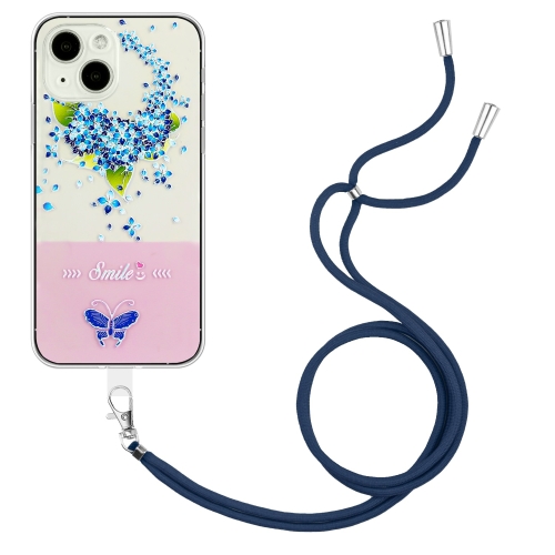 

For iPhone 13 Bronzing Butterfly Flower TPU Phone Case with Lanyard(Hydrangea)