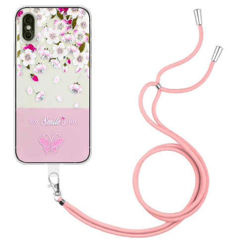 

For iPhone X / XS Bronzing Butterfly Flower TPU Phone Case with Lanyard(Peach Blossoms)
