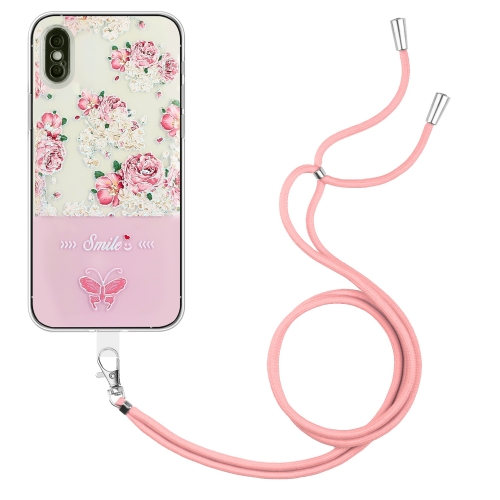 

For iPhone XS Max Bronzing Butterfly Flower TPU Phone Case with Lanyard(Peony)