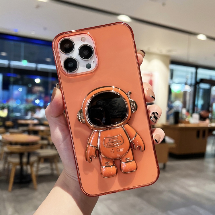 

For iPhone 14 Pro Max Plating Astronaut Holder TPU Phone Case (Orange Red)
