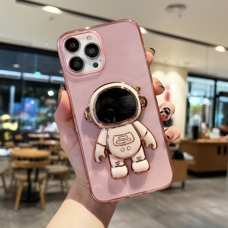 

Plating Astronaut Holder TPU Phone Case For iPhone 13 Pro Max(Pink)