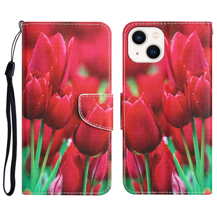 

Colored Drawing Leather Phone Case For iPhone 14(Tulips)