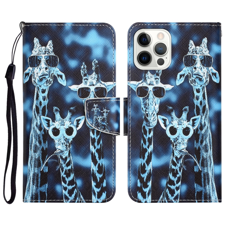 

For iPhone 14 Pro Max Colored Drawing Leather Phone Case (Giraffes)