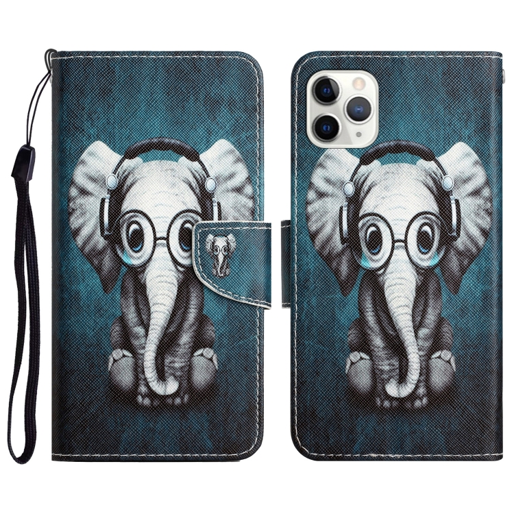 

Colored Drawing Leather Phone Case For iPhone 11 Pro(Earphone Elephant)