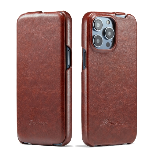 

For iPhone 14 Pro Fierre Shann Oil Wax Texture Vertical Flip PU Phone Case(Brown)