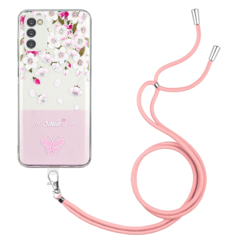 

For Samsung Galaxy A03s EU Bronzing Butterfly Flower TPU Phone Case with Lanyard(Peach Blossoms)