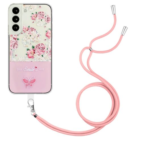 

For Samsung Galaxy S22+ 5G Bronzing Butterfly Flower TPU Phone Case with Lanyard(Peony)