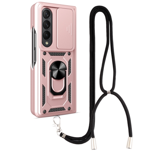 

For Samsung Galaxy Z Fold4 Lanyard Slide Camshield Ring Phone Case(Rose Gold)