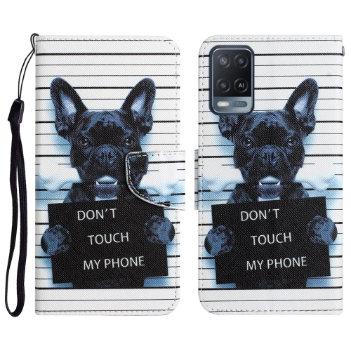 

For OPPO A16 Colored Drawing Leather Phone Case(Black Dog)