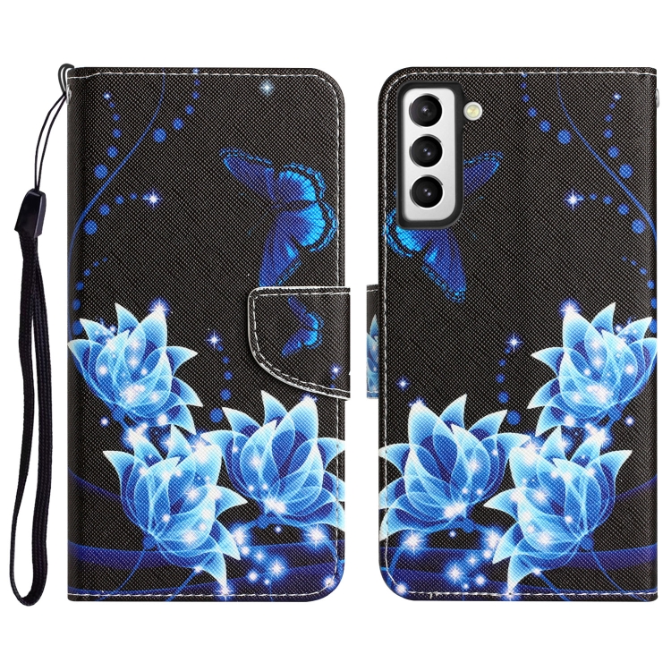 

For Samsung Galaxy S21 5G Colored Drawing Leather Phone Case(Blue Butterfly)